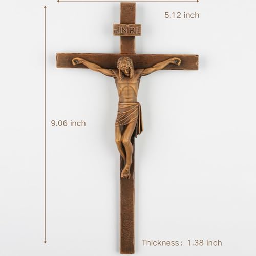 DevotedWalls Jesus Christ Cross Wall Decor,Brown Wooden Color Crucifix Wall Cross,9 inch Heigh Jesus Crucifix Sculpture,Catholic Tradition First Communion Jesus Wall Cross for Girls and Boys,Simple Corss Home and Church