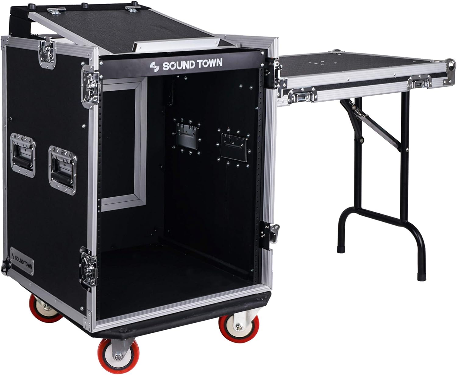 Sound Town 14U PA DJ Rack/Road ATA Case with 11U Slant Mixer Top, 20���� Rackable Depth, DJ Work Table and Casters, 14 Space Size, Pro Tour Grade (STMR-14UWT)