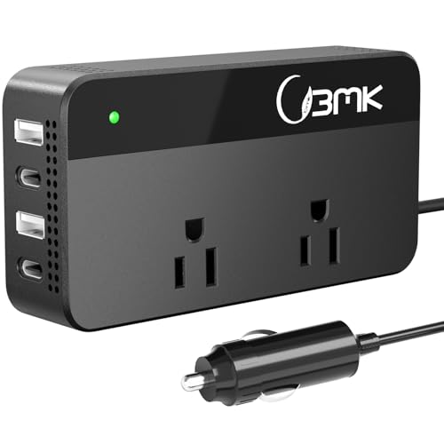 BMK 200W Car Power Inverter DC 12V to 110V AC Car Inverter 4 USB Ports Charger Adapter Car Plug Converter with 2 QC3.0 USB and 2 Type C Ports (Black)