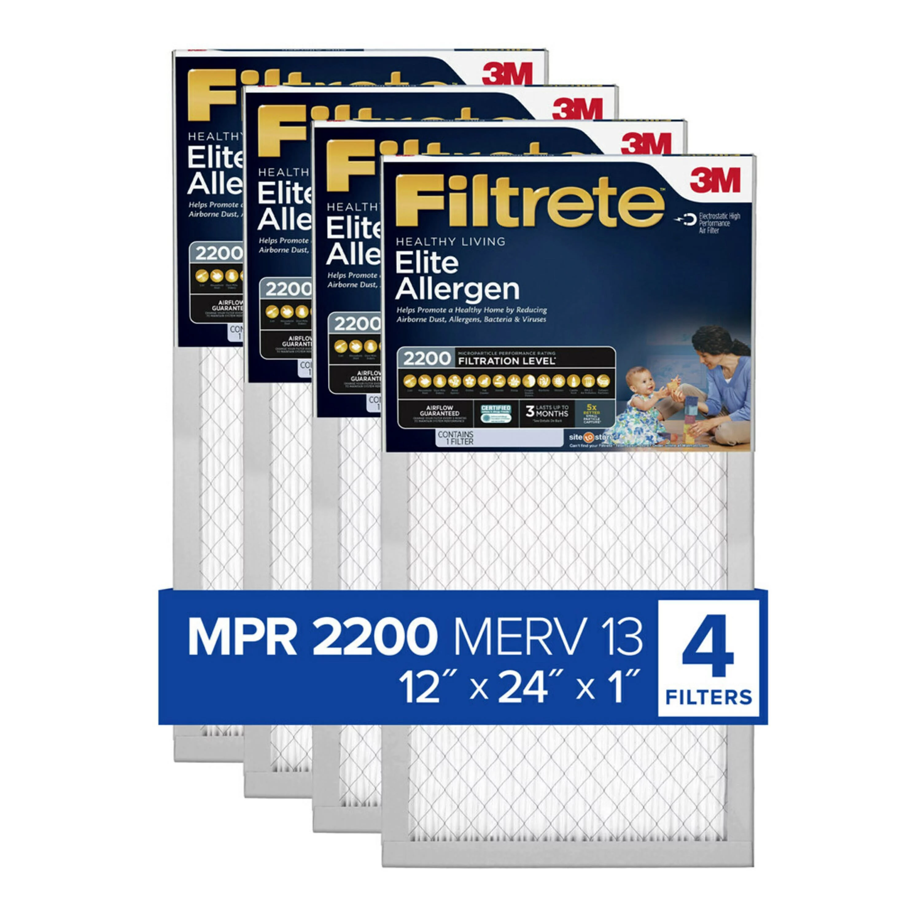 Filtrete 12x24x1 Air Filter, MPR 2200 MERV 13, Elite Allergen Reduction, 4 Filters
