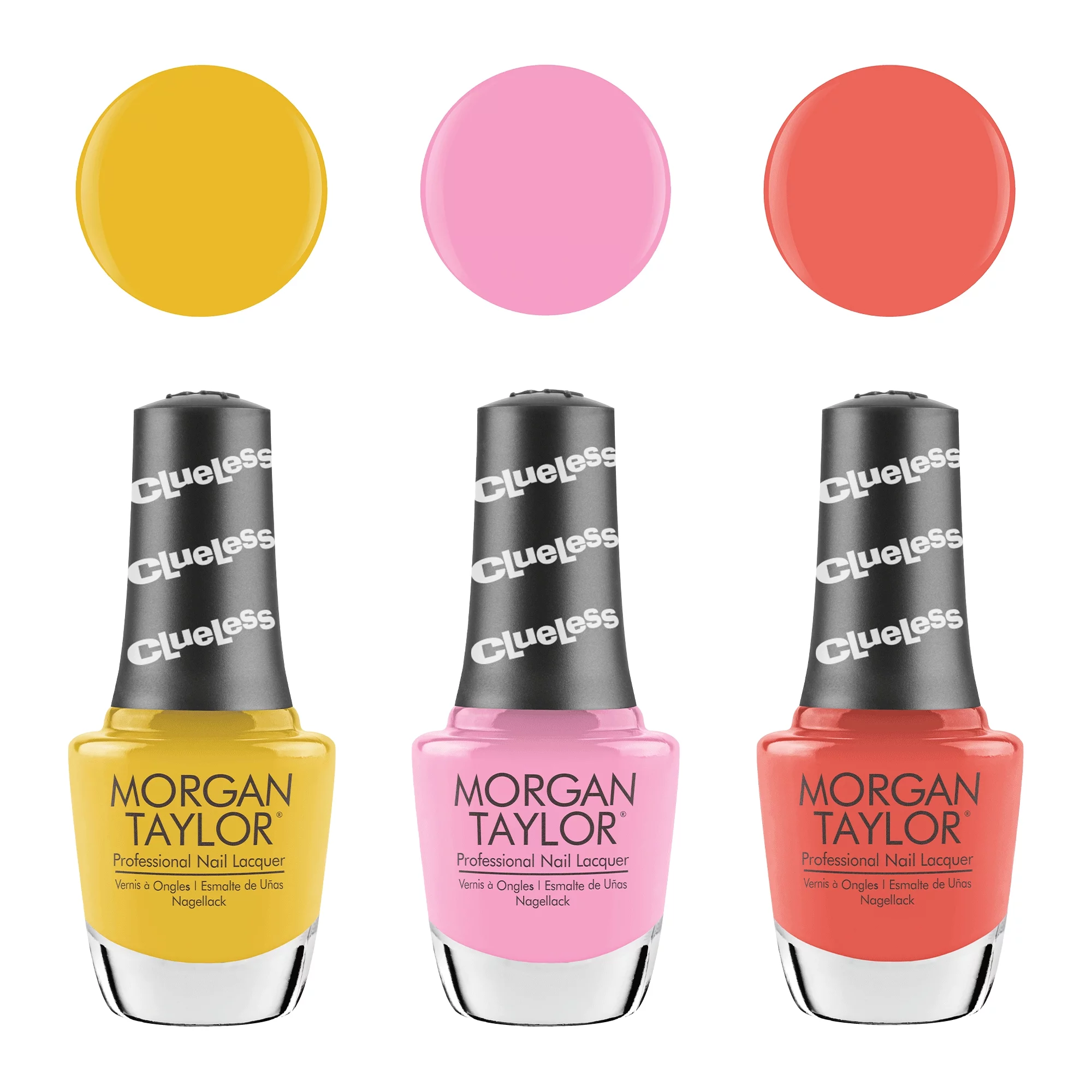 Morgan Taylor Clueless Collection Nail Lacquer Polish Manicure 3 Color Set (yellow, pink, coral)