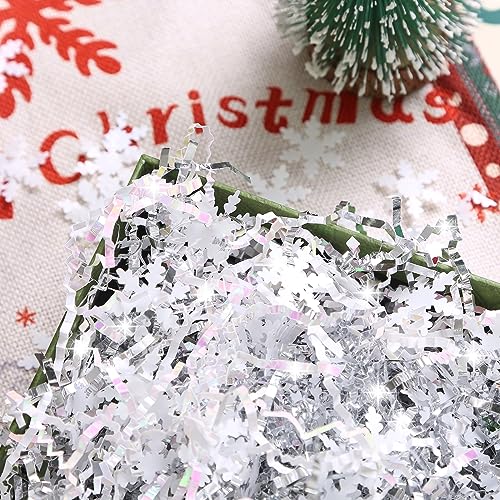 PAPER FAIR 1LB Metallic Red Green Christmas Crinkle Cut Paper Shred Filler w/Tree & Snowflake Confetti, Gift Wrap Packaging Raffia Tissue Strand, Craft Bedding Cushion, Winter Birthday Box Basket
