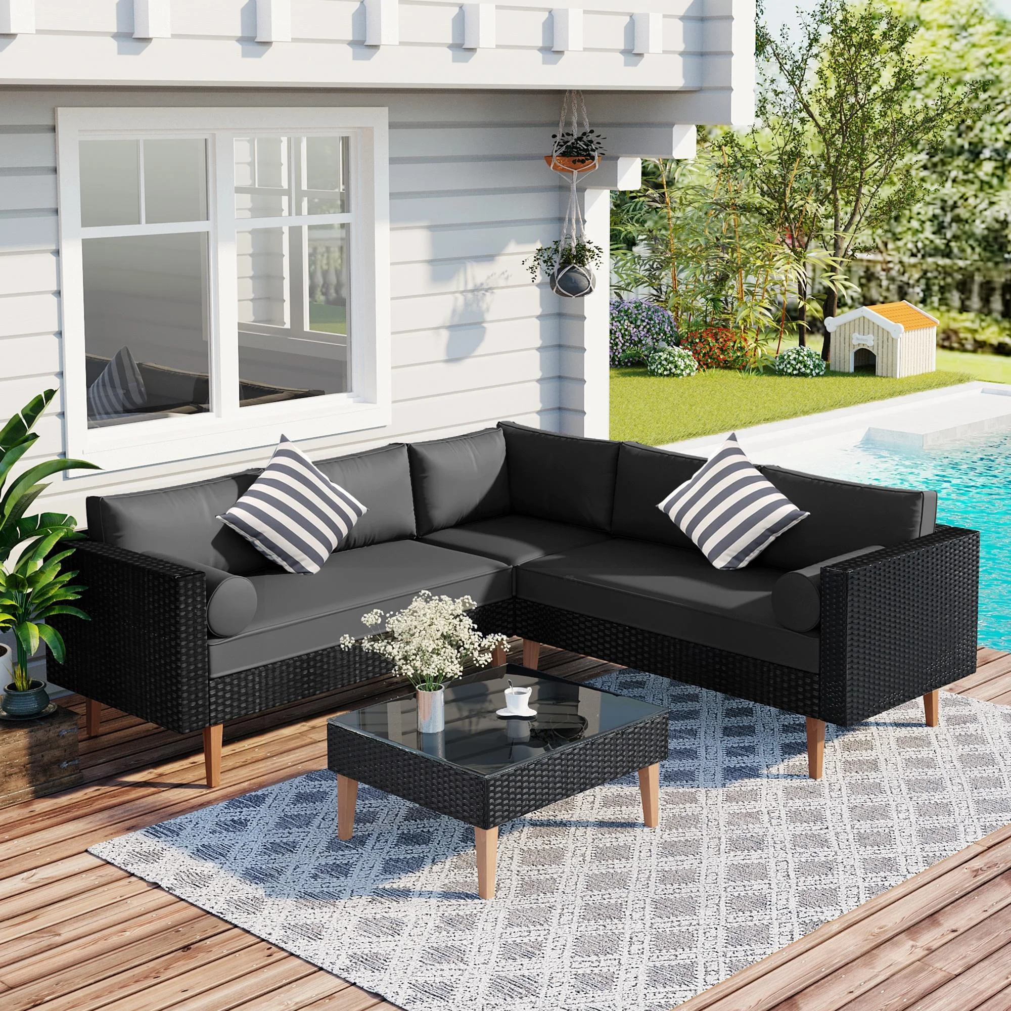 SEGMART 4 Pieces Outdoor Patio Furniture Set, All-Weather Sectional Wicker Sofa with Colorful Pillows & Table, Patio Conversation Set for Garden, Poolside, Porch, Gray