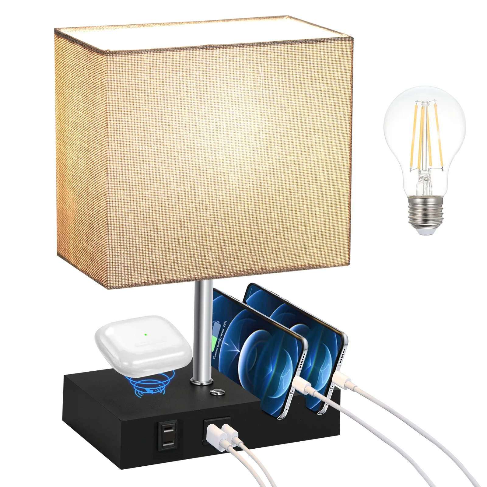 Neoglint Bedside Table Lamp, Touch Control Dimmable Desk Lamps with USB C+A Ports 1 AC Outlets and 2 Phone Stands, Grey Fabric Shade Modern Nightstand Lamp for Bedroom Living Room Office