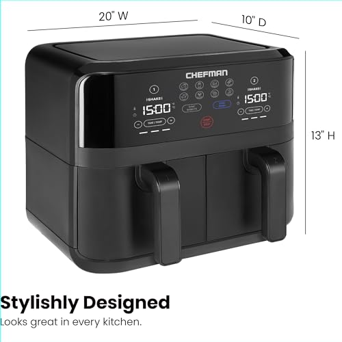 Chefman 6 Quart Dual Basket Air Fryer - Digital Touchscreen, Smart Sync Finish, Hi-Fry, Auto Shutoff, 2 Independent 3QT Nonstick Dishwasher-Safe Frying Baskets - Digital Double Air Fryer - Black