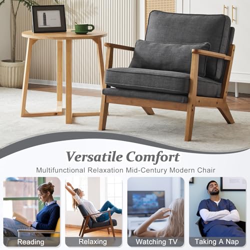 VINGLI Solid Wood Wide Armrests Accent Chair,Upholstered Mid Century Modern Chair with Pillow,Comfy Reading Chair Farmhouse Arm Chair,Chairs Living Room,Bedroom,Guest Room,Linen Fabric,Beige