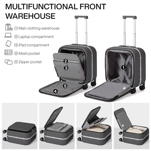 mixi Carry On Luggage, 20'' Suitcase with Front Laptop Pocket, Travel Rolling Luggage Aluminum Frame PC Hardside with Spinner Wheels & TSA Lock and Cover - Smoke White