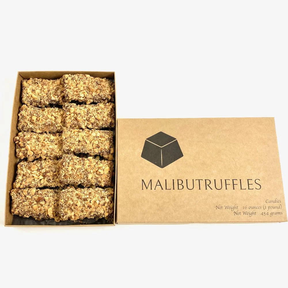 MalibuGift Gourmet English Toffee Candy rolled in Dark Chocolate and Roasted Almonds.