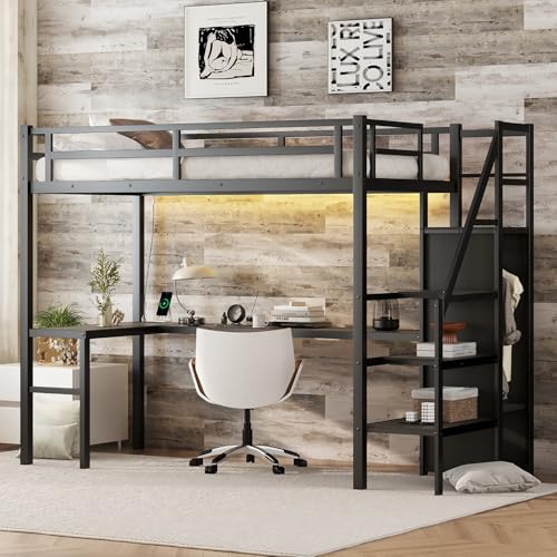 Twin XL Industrial Metal Loft Bed with L-Shaped Desk, USB, LED, Wardrobe, Adjustable Shelves, and Stairs (Black)