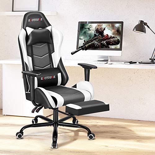 ECOTOUGE PC Massage Gaming Chair with Footrest Ergonomic Office Desk Chair Racing PU Leather Recliner Swivel Rocker with Headrest and Lumbar Pillow, Blue
