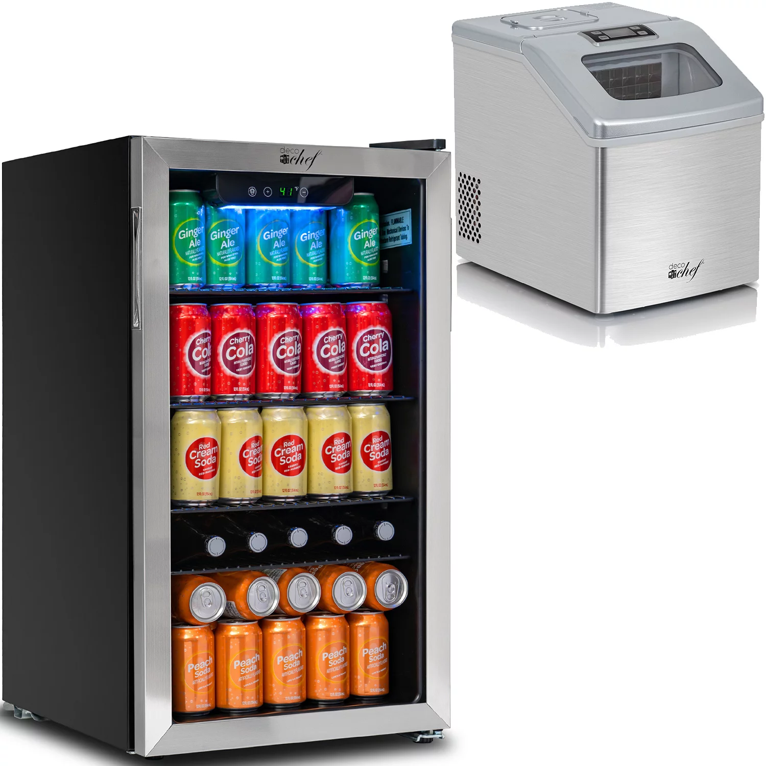 Deco Chef Beverage Bundle, 118-Can Mini Fridge with Glass Door and 40LB Per Day Countertop Stainless Steel Ice Maker for Home or Office
