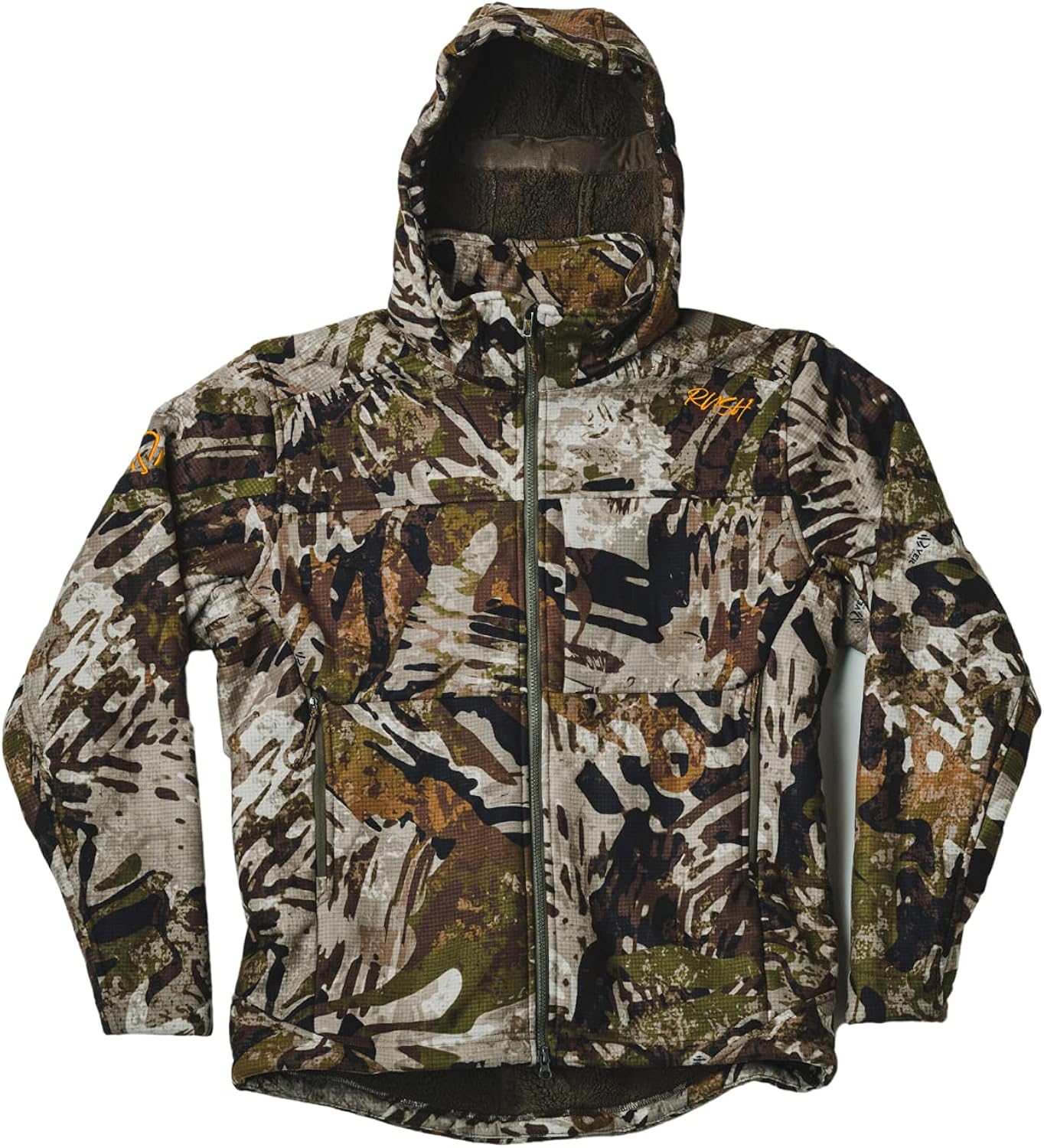 VEIL CAMO Men��s Fleece Chaos Jacket �C Noise Reduction Grid Face, Windproof, 4-Way Stretch, 3 Large Pockets & Attached Hood