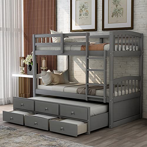 Harper & Bright Designs Twin Over Twin Bunk Bed with Storage Drawers, Solid Wood Bunk Bed Frame with Trundle, for Kids, Teens, Adults (Espresso)