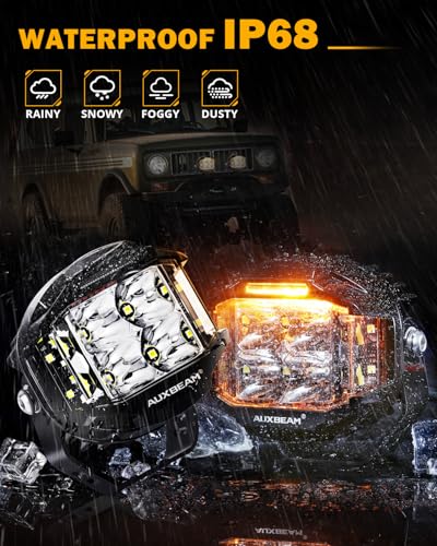 Auxbeam V-MAX Series 72W LED Pod Driving Lights, 4x2.5 Inch Rectangle Side Shooter Offroad Cube Spotlights with Amber DRL, 270° Combo Beam 6 Modes White/Amber/Yellow Auxiliary Lights with Covers