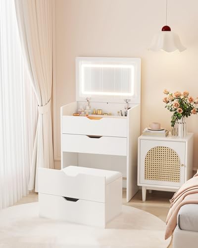 Small Vanity Desk with Mirror and Lights,Compact Vanity Mini Makeup Vanity Desk with Lights White Vanity Dressing Table with Chair,Makeup Table with Stool and Storage for Bedroom