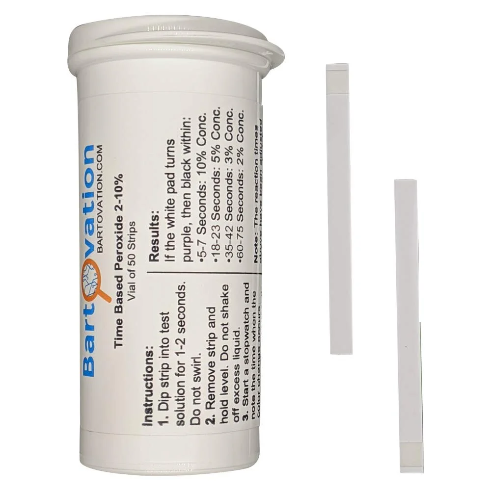 Very High Level Hydrogen Peroxide H2O2 Test Strips, 2-10%, Time Based Test [Vial of 50 Strips]