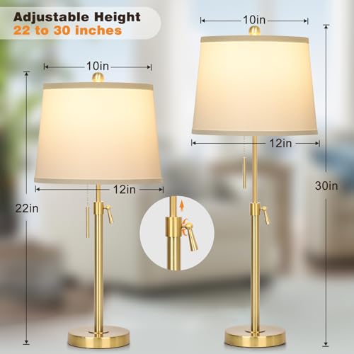 Bedside Table Lamps Set of 2: Tall Black Table Lamps for Living Room End Table | Height Adjustable 3-Way Dimmable Nightstand Lamp with Pull Chain Switch Modern Lamps for Bedroom Office(Bulbs Included)