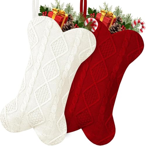 2Pcs Personalized Dog Christmas Stockings, Dog Christmas Stocking, 18 Inch Large Knitted Christmas Stocking for Dogs, Bone Shaped Hanging Dog Stockings for Dogs Pets (White & Red)