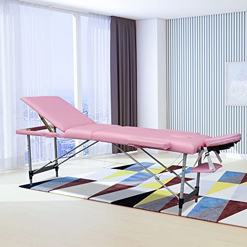 Massage Table Portable Massage Bed, 84in 3 Folding Aluminum Frame Lightweight Spa Beauty Bed Adjustable Salon Spa Bed (Pink)