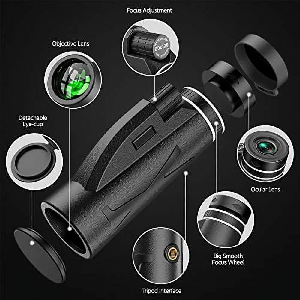 80x100 Monocular Telescope - High Power Prism Monocular HD Dual Focus Scope Portable Waterproof Fogproof with Smartphone Holder & Tripod for Bird Watching Hunting Camping Travelling Wildlife Secenery