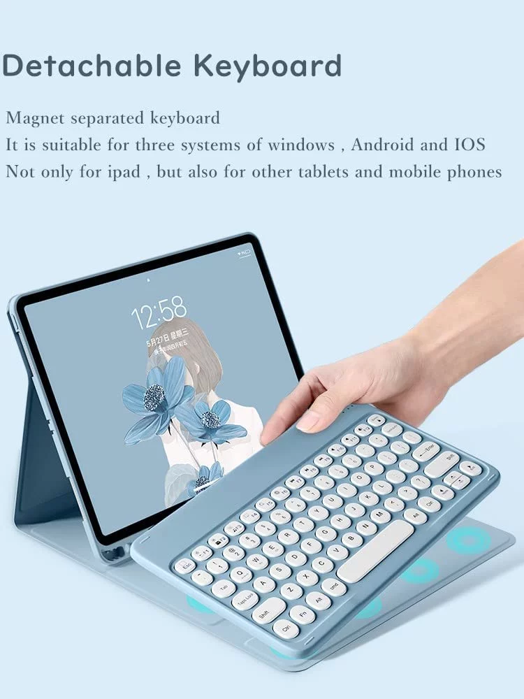 iPad 6th 5th Generation iPad Air 2 Pro 9.7 inch Keyboard Case Cute Round Key Color Keyboard Wireless Detachable BT Keyboard Cover with Pencil Holder
