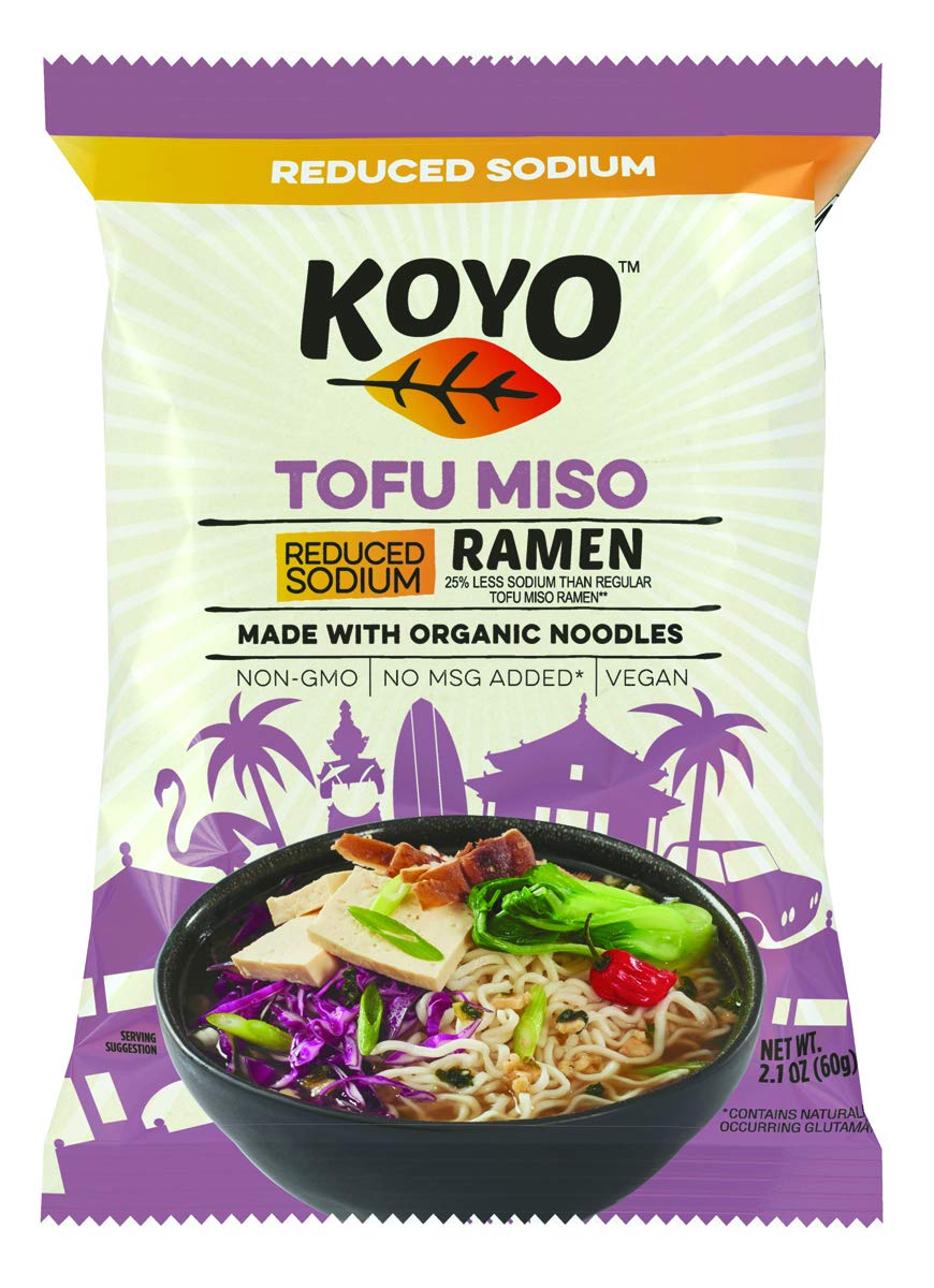 Koyo Ramen Soup, Tofu Miso Reduced Sodium, Made With Organic Noodles, No MSG, No Preservatives, Vegan, 2.1 Ounces Per Package (12 Pack)