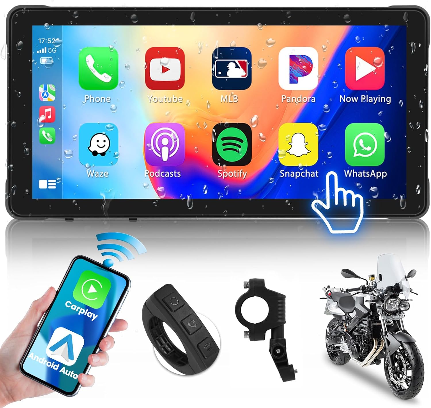 5.5'' Portable Apple Car Play Screen for Motorcycle, Wireless Apple CarPlay & Android Auto for Motorbike, Motorcycle Carplay GPS Navigation, Dual Bluetooth, WiFi Online Video