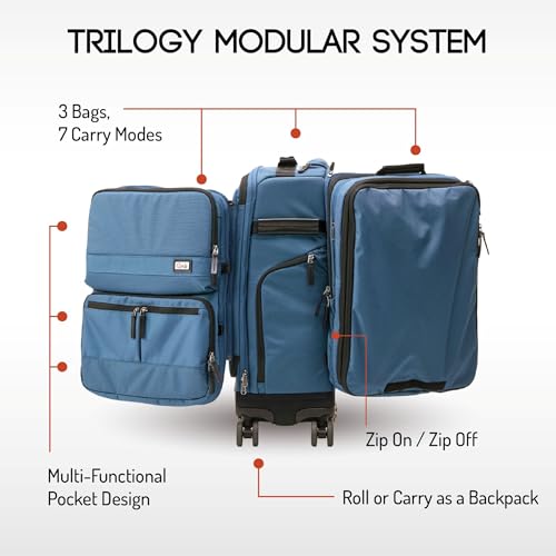 Trilogy Modular System I Modular 4-wheel spinner carry-on, with two zip-off bags! All 3 are Expandable! You get 3 bags in 1! Mix and match; take apart to fit crowded airplane spaces (Blue)