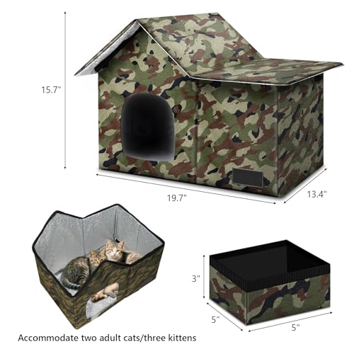 Cat Houses for Outdoor Cats-Large Weatherproof Cat Bed for Indoor Cats,Collapsible Warm Feral Cat Shelter with Removable Soft Mat and Bowl for Winter (Camo, Large)