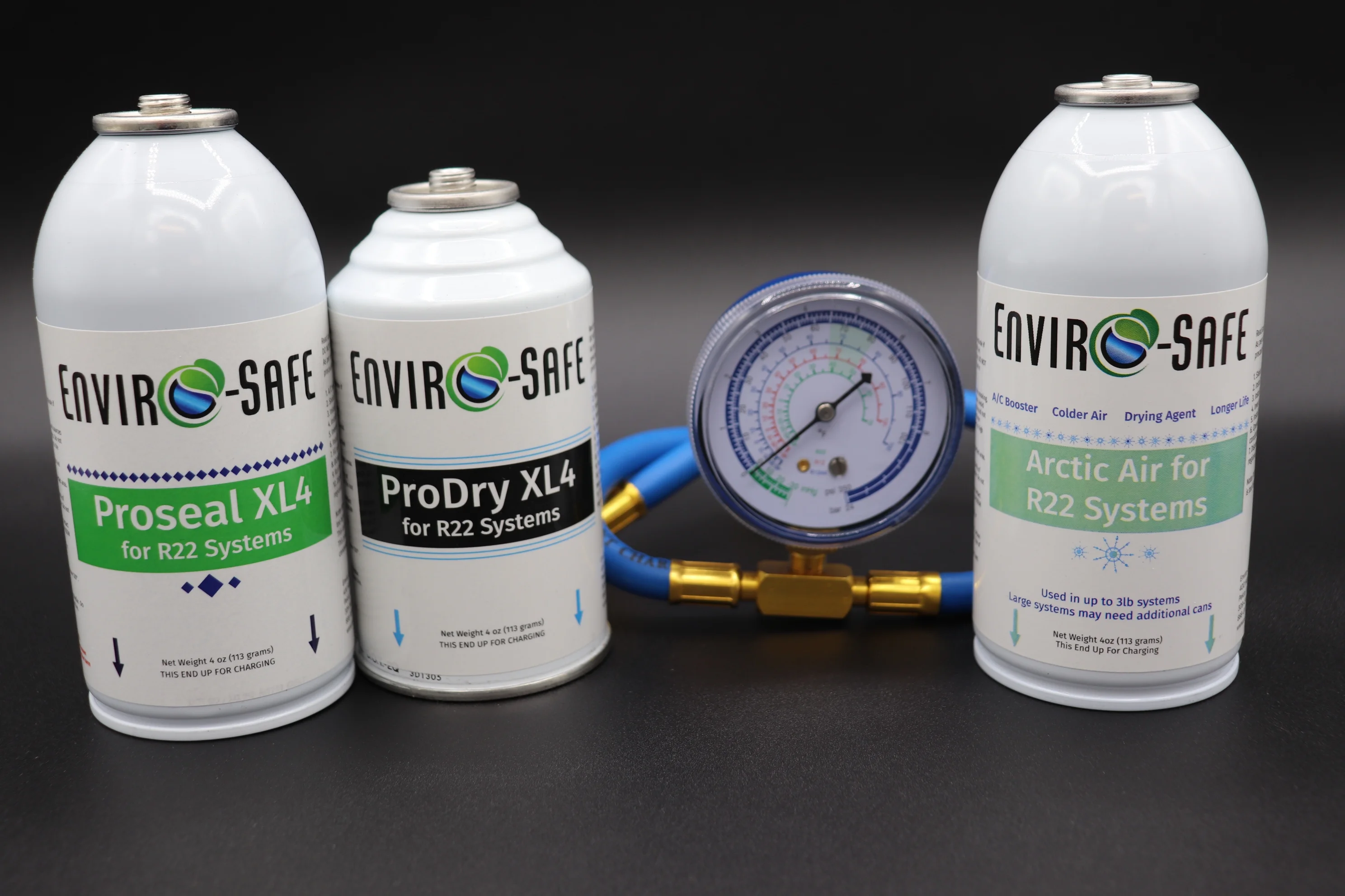 ENVIRO-SAFE Arctic Air for R22 Systems, Proseal XL4, Prodry XL4, and Brass Gauge