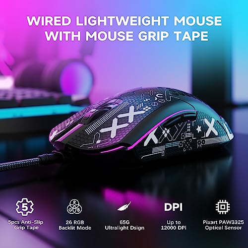 ZIYOU LANG M5 RGB Lightweight Wired Gaming Mouse with 12000 DPI 6 Programmed Buttons,65G Honeycomb Shell,Ultralight Ultraweave Cable,Pixart 3325 Optical Sensor Gamer Mice(Green)