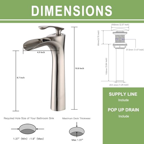 Bathroom Vessel Sink Faucet, Waterfall Oil Rubbed Bronze Bathroom Faucet, Vessel Faucet, Tall Body 1 Hole Single Handle with Pop Up Drain Combo Vanity Mixer Tap Basin Bowl Sink