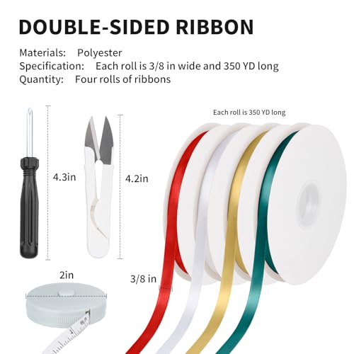 4 Rolls Ribbon Kit - 350 Total Yards 3/8 Inch Polyester Ribbon Set with Wooden Storage Box & Bow Making Tools - Gift Wrapping Ribbons for Christmas, Wedding, Party & DIY Craft Decor (4 Rolls * 87.5YD)