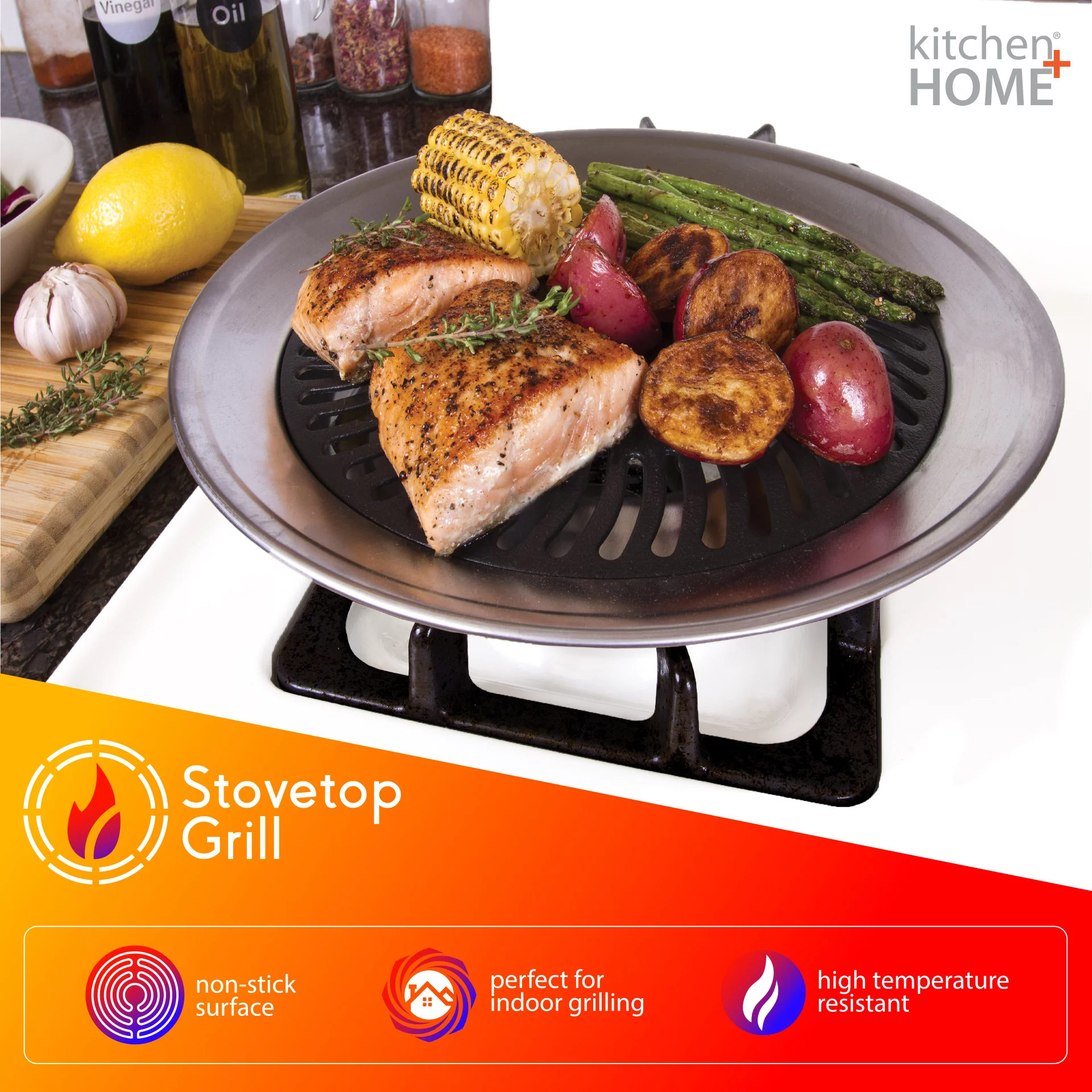 Kitchen + Home Stove Top Smokeless Grill Pan - Bonus Stove Top Gas Range Burner Liners (KH-130-132)