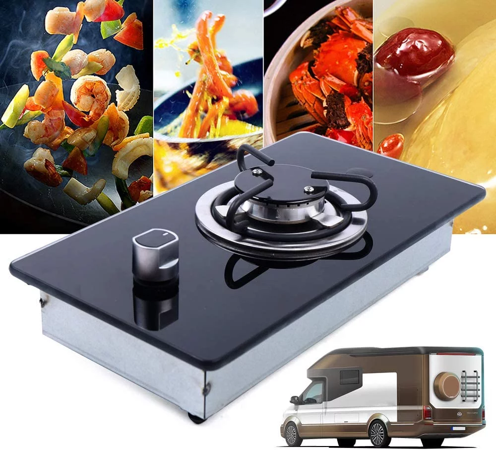 Miumaeov RV Cooktop Stove Portable Camper LPG Gas Stove Single Burner w/Tempered Glass, Multi-level Fire Adjustment Stainless Steel Built-In Gas Hob