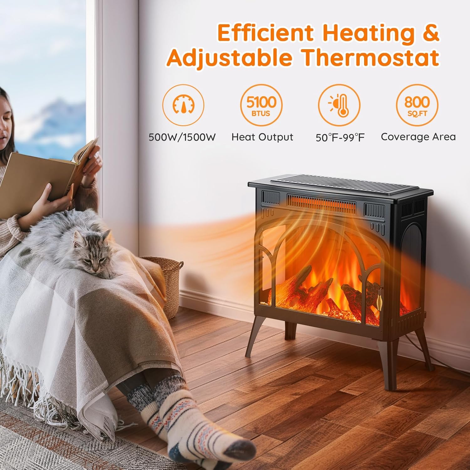 Rintuf Electric Fireplace Heater, 1500W Infrared Fireplace Stove Heater with 3D Flame Effect, 8H Timer, Space Heater Fireplace with Remote, Safety Protection, Freestanding for Indoor Use Large Room