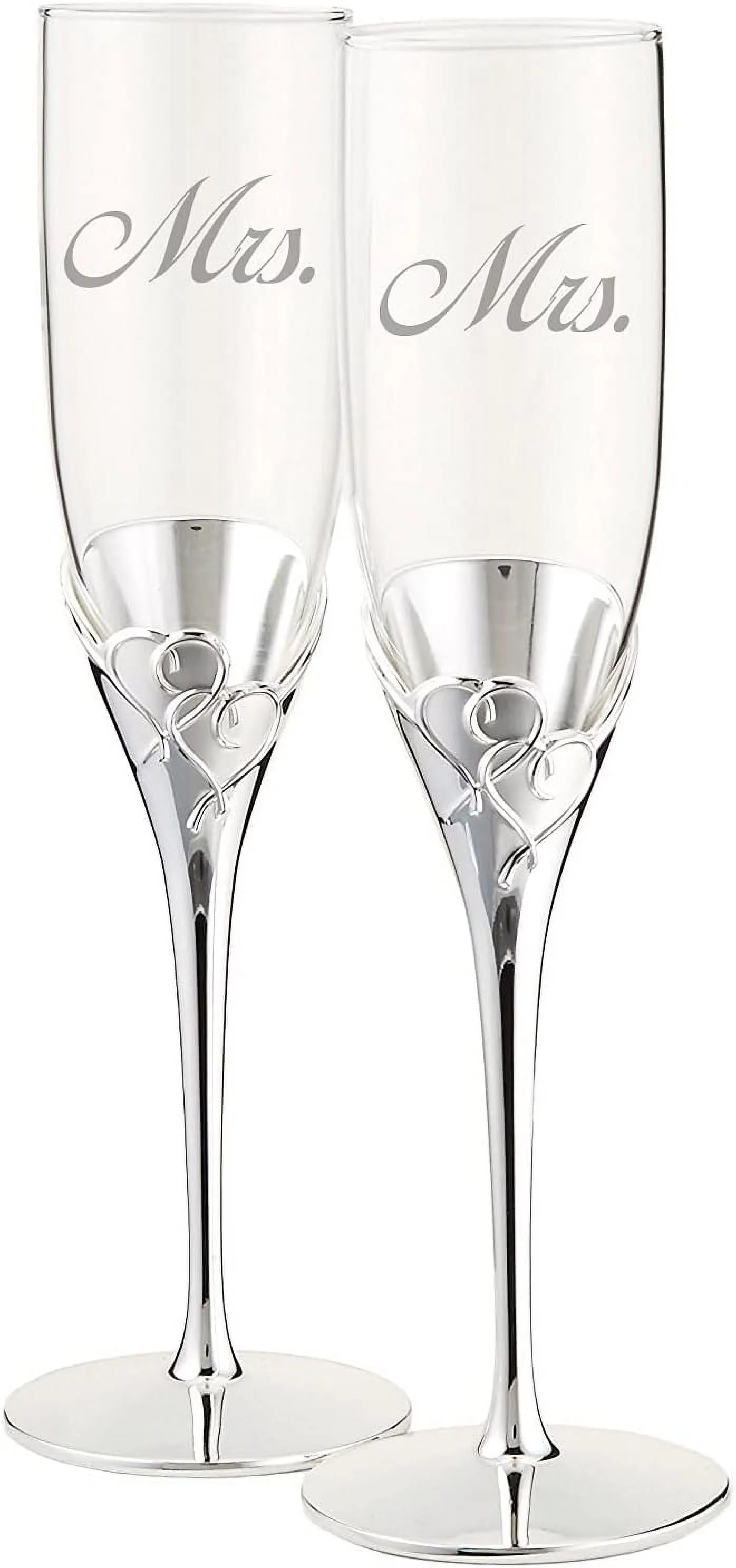 Love Silver Mrs And Mrs Wedding Champagne Flutes, Set Of 2 Engraved Champagne Toasting Glasses For Bride And Bride, Same LGBT Couples 812613