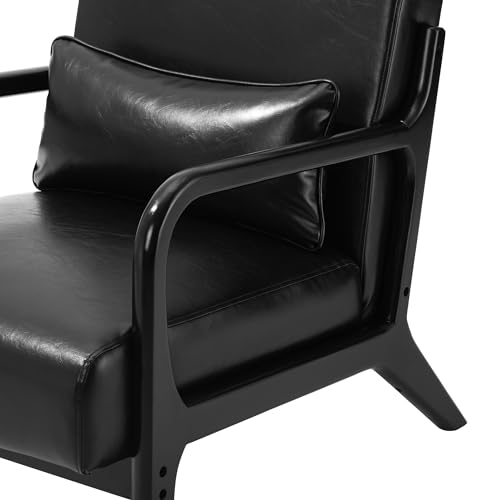 Glitzhome 2 Set Mid Century Black Accent Armchair, Single Reading Armchair PU Leather Lounge Chair with Walnut Ruberwood Frame