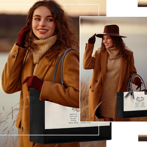 BeeGreen Mother's Day Gifts Personalized Women's Large White and Black Canvas Tote Bag, Embroidered Initials, Leather Handle, Zipper Closure