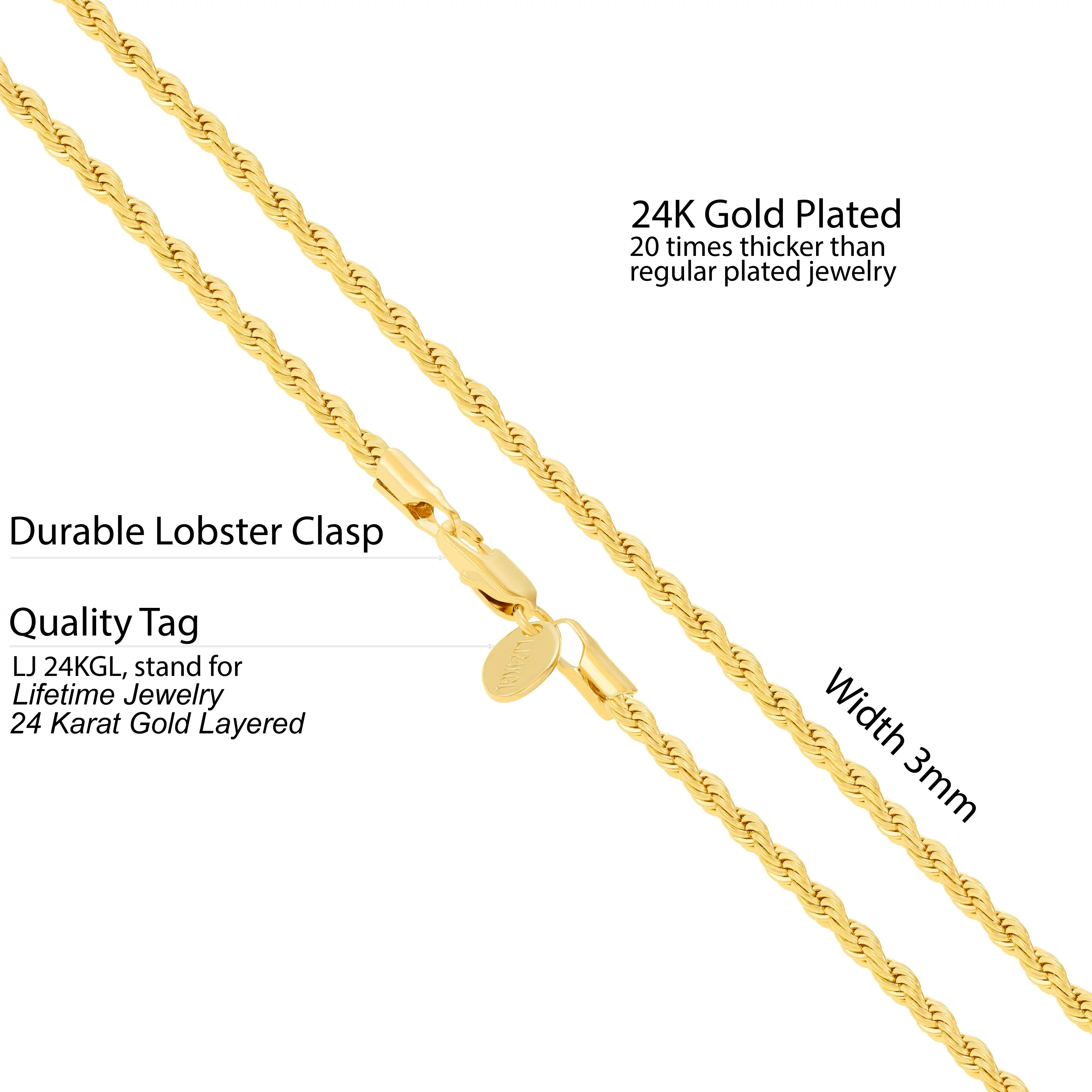 LIFETIME JEWELRY 3mm Rope Chain Necklace 24k Real Gold Plated-Women and Men (24 mm)