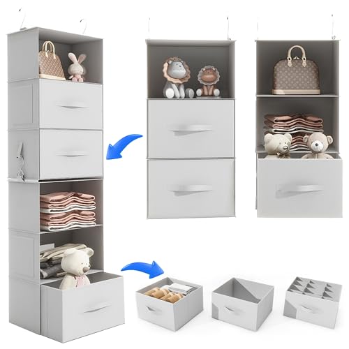 Caroeas Hanging Closet Organizer, 6-Shelf Hanging Shelves with 3 Removable Drawers and 4 Side Pockets, Hanging Shelf Organizer for Wardrobe, Bedroom and Travel, Light Gray
