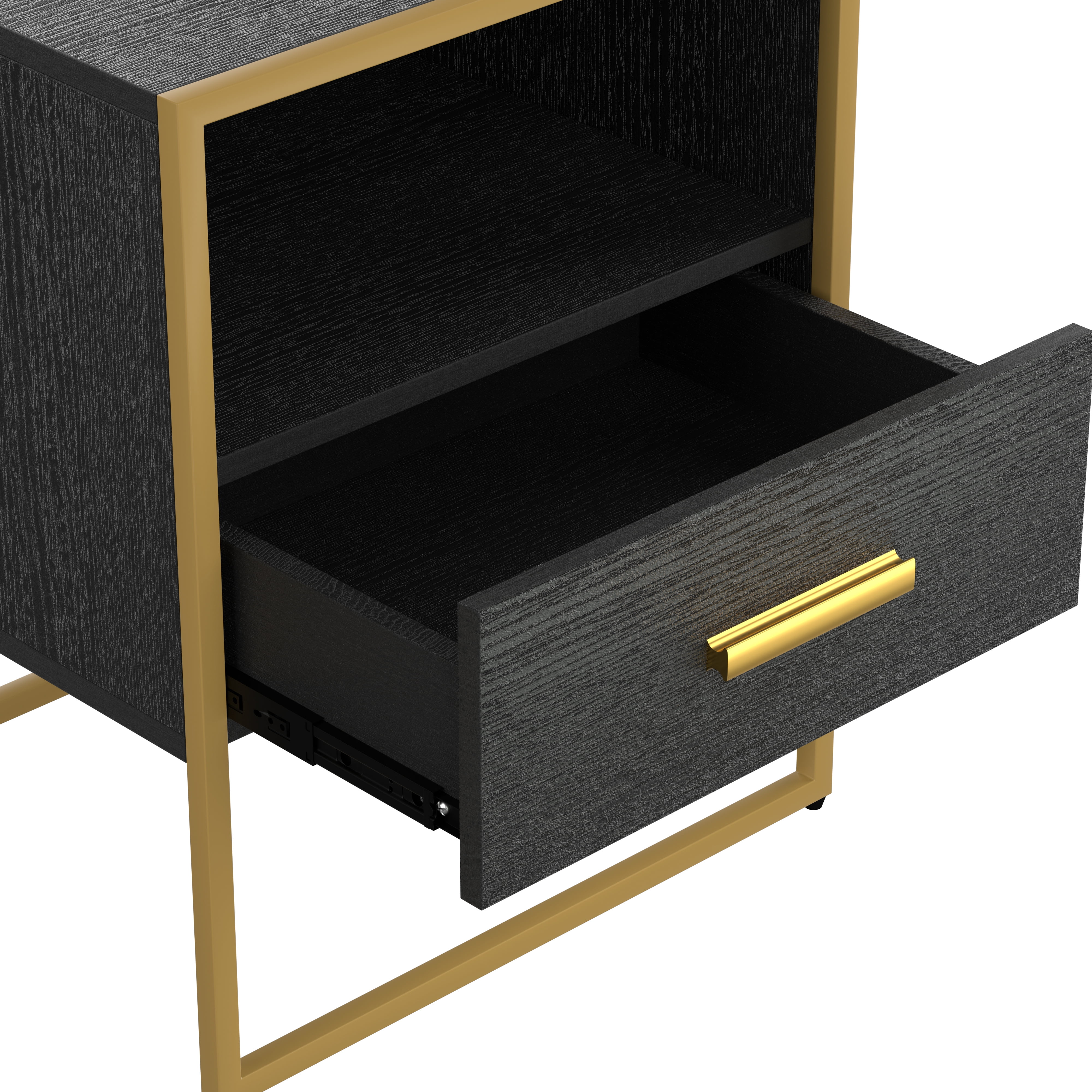 Williamspace Nightstand Set of 2,Bedside Table with Drawer and Open Storage,Side Table with Gold Metal Frame for Bedroom,Black
