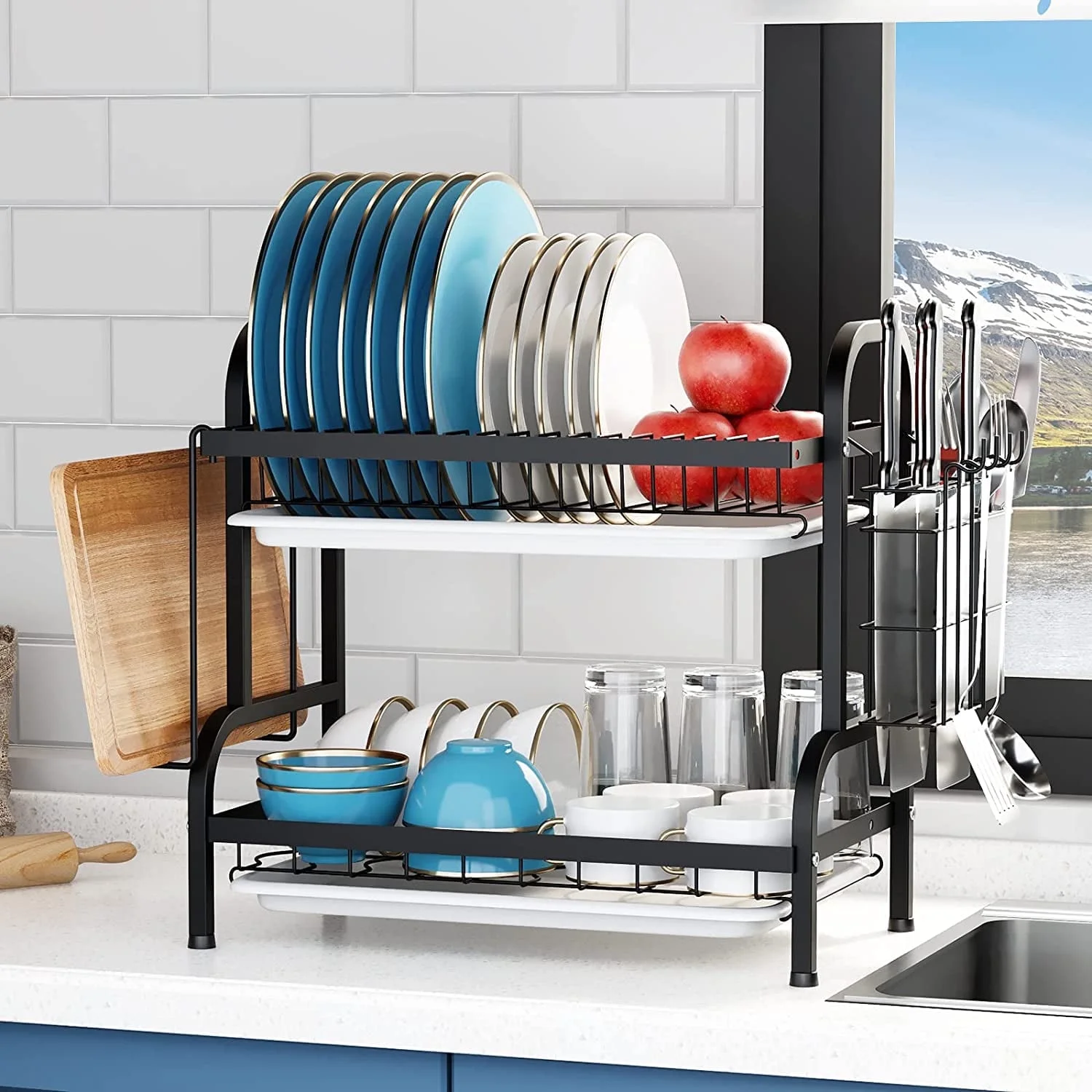 Sensch 2-Tier Dish Rack for Kitchen, Dish Drying Rack with Drain Board Tray, Compact Dishing Rack with Utensil Holder, Cutting Board Holder, Kitchen Dishes Storage and Organizers
