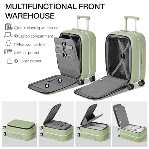 mixi Carry On Luggage, 20'' Suitcase with Front Laptop Pocket, Travel Rolling Luggage Aluminum Frame PC Hardside with Spinner Wheels & TSA Lock and Cover - Smoke White
