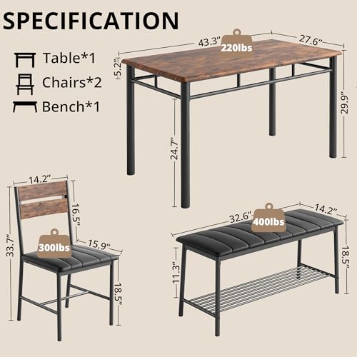 IRONCK Dining Table Set for 4, Kitchen Table with Upholstered Bench and 2 Chairs, Kitchen Table and Chairs Set for Small Space, Apartment, Gray