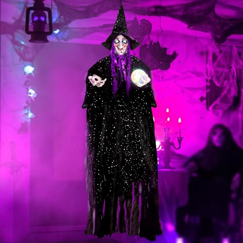 71” Halloween Hanging Talking Animatronics Witch with Sound Activated, Glowing Colorful Crystal Ball & Eyes for Halloween Haunted House Prop and Party Decor, Indoor/Outdoor Decoration