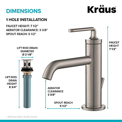 KRAUS Ramus Single Handle Vessel Sink Bathroom Faucet with Pop-Up Drain in Brushed Gold, KVF-1220BG