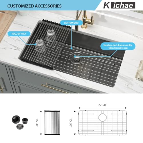 Kichae 12“ Deep Laundry Sink Undermount - 24 Inch Black Undermount Utility Sink Stainless Steel Single Bowl Under Counter Handmade Laundry Utility Room Basin