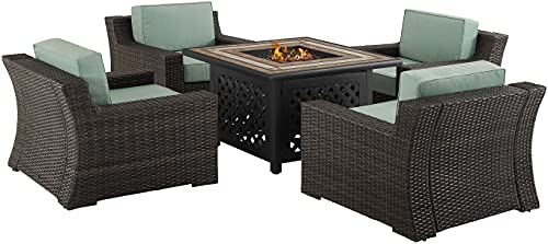 Crosley Furniture Beaufort Beaufort 5-Piece Wicker Outdoor Chair Patio Furniture Set with Propane Gas Fire Pit Table, Brown with Mist Cushions