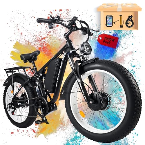 Tuttio-Adria26 Dual-Motor Electric-Bike for Adults - 40-46MPH Fast-Ebike, 52V 30AH Long-Range-Electric-Bicycle, Full Suspension Ebikes, 26 Inch Fat Tire Dirtbike for Mountain Snow Hunting Commuting